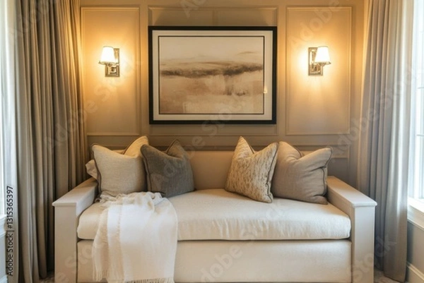 Fototapeta The seating area is soft and inviting, adorned with neutral-toned cushions and delicate artwork, creating a cozy atmosphere filled with natural light during the day