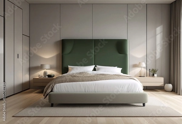 Fototapeta A modern bedroom with a large bed and green upholstered headboard.