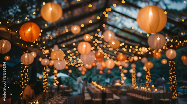 Fototapeta A wedding reception under a canopy of fairy lights and lanterns