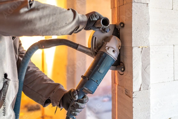 Obraz Construction worker cutting aerated concrete block wall using circular saw with vacuum dust extraction