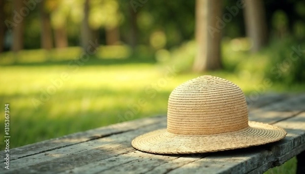 Fototapeta Straw sun hat resting on a wooden table in a sunny park surrounded by greenery