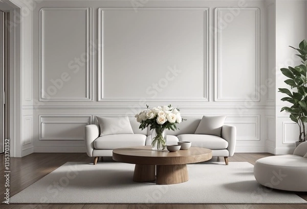 Fototapeta Minimalist White Living Room with Modern Sofa and Decorative Elements.