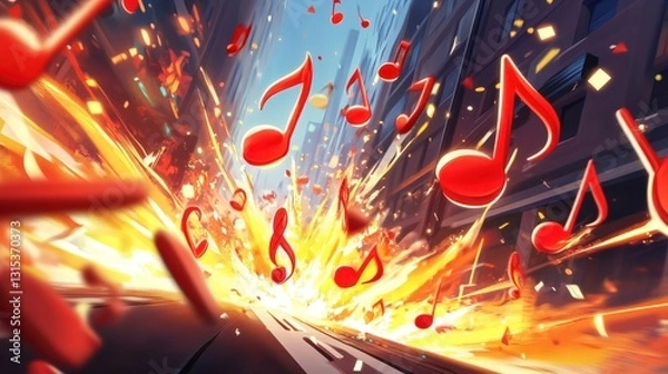Fototapeta Fiery explosion of music notes in urban background