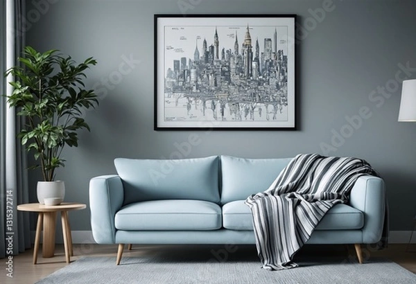 Fototapeta A light blue modern sofa with wooden legs and a striped blanket on it is placed in front of a gray wall featuring a framed New York city skyline drawing.