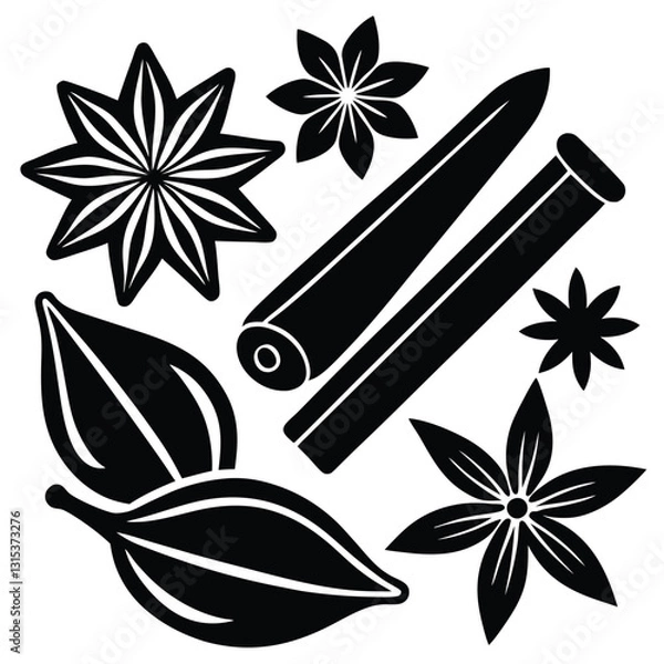 Obraz Vector set of spices cinnamon sticks, anise stars and chili peppers silhouette on white background