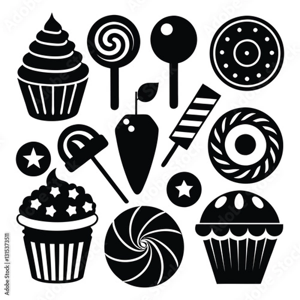 Fototapeta Set of various sweets icon silhouette vector art illustration