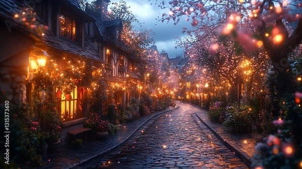 Fototapeta Warm lantern glow cobblestone street high resolution hd picture