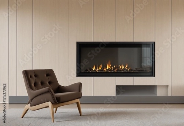 Fototapeta A modern living room featuring a large rectangular fireplace with an open flame and a brown chair placed on a rug.