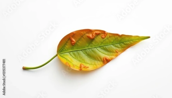 Fototapeta Single wilting leaf isolated on white background, flora, texture