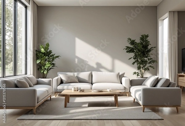 Obraz A modern and minimalist living room with light gray walls, featuring two large windows on the left wall and a white couch and chair arrangement opposite them.