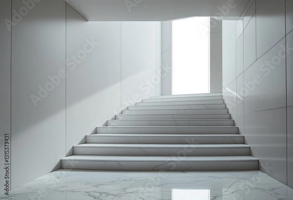 Fototapeta A sleek and modern white marble staircase with a minimalist design leading up to an open doorway.
