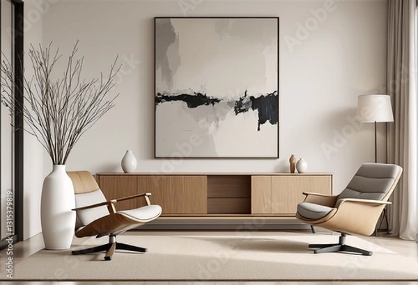 Fototapeta Minimalist Modern Living Room Featuring Two Swivel Chairs and a Large Abstract Painting.