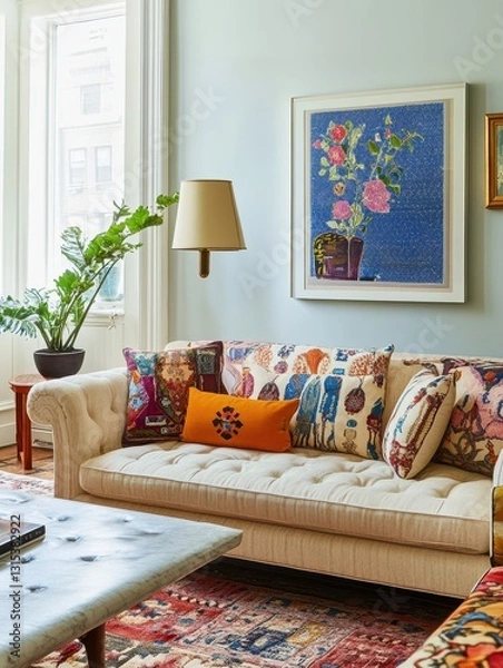Fototapeta A living room with a couch and cushions on display