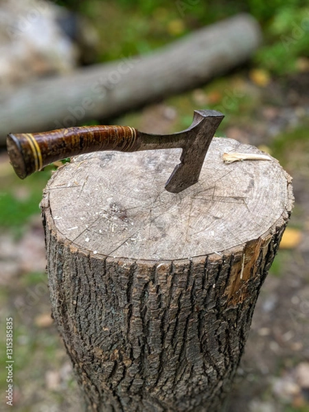 Fototapeta Rustic hatchet with wooden handle shown embedded in a tree stump, surrounded by natural greenery and outdoors elements, evoking a sense of craftsmanship and survival skills in the woods