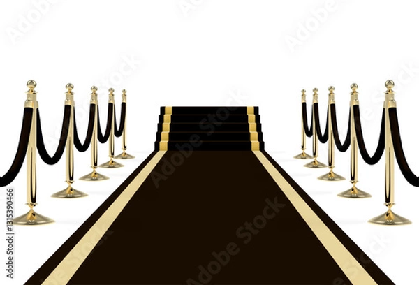 Obraz Black carpet with stairs, podium, ropes and golden stanchions. Vector illustration.