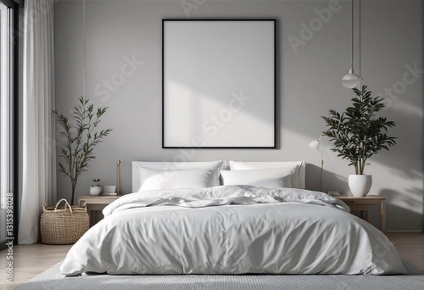 Obraz A minimalist bedroom with white bedding and plants features a large blank picture frame above the bed.