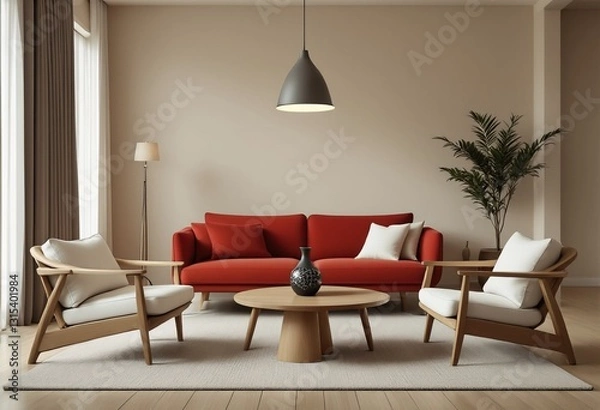 Fototapeta A modern living room with a red couch and white chairs.
