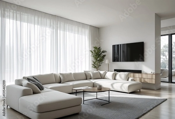 Fototapeta A modern living room with white sectional sofa and wooden floors.