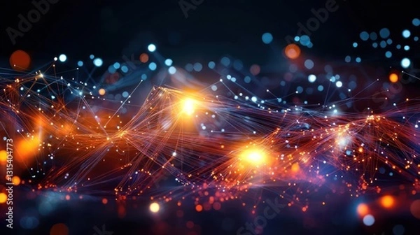 Fototapeta Abstract Digital Network Of Glowing Orange And Blue Lines And Particles Against Dark Background
