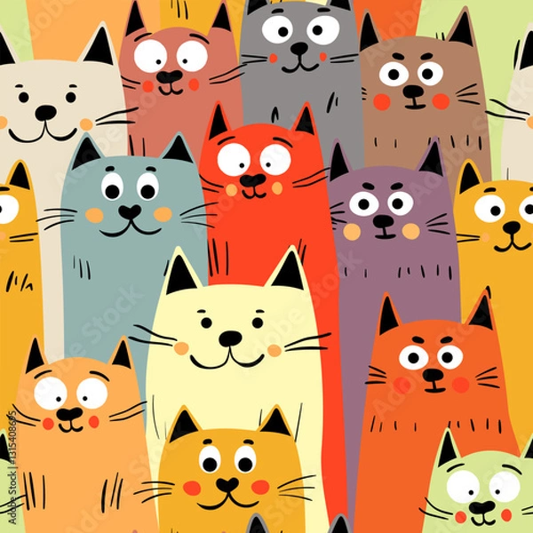 Fototapeta Seamless pattern with cute kitten print. Different scandy cats on color background. Scandinavian style illustration for kids. Vector illustration for fabric, textile, wallpaper, home clothing, pajama.
