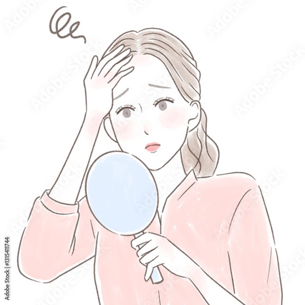 Obraz 手鏡を見て髪の薄さが気になる女性