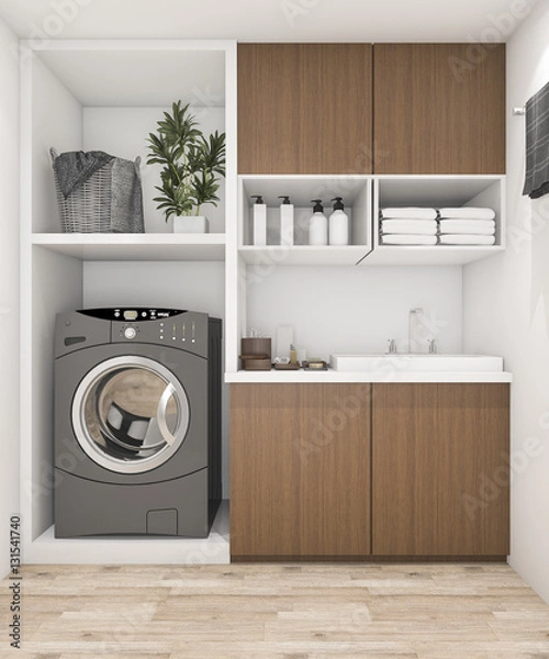 Obraz 3d rendering pralnia drewna z pralką