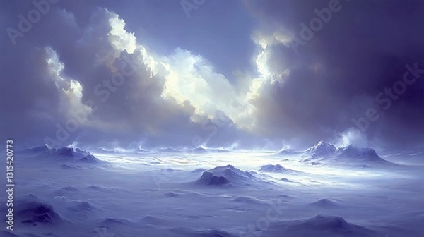 Obraz A snow-covered mountain valley with glowing sun rays shining through the clouds, illuminating the icy terrain.