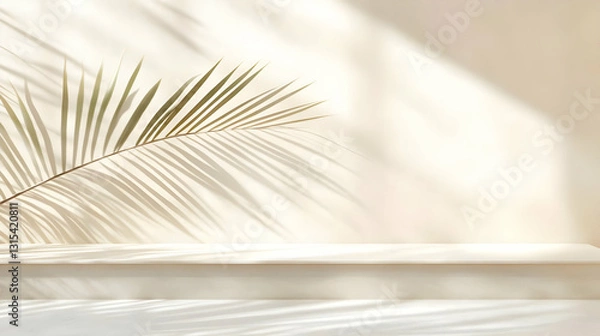 Fototapeta Palm Leaf Shadow on Minimalist Shelf