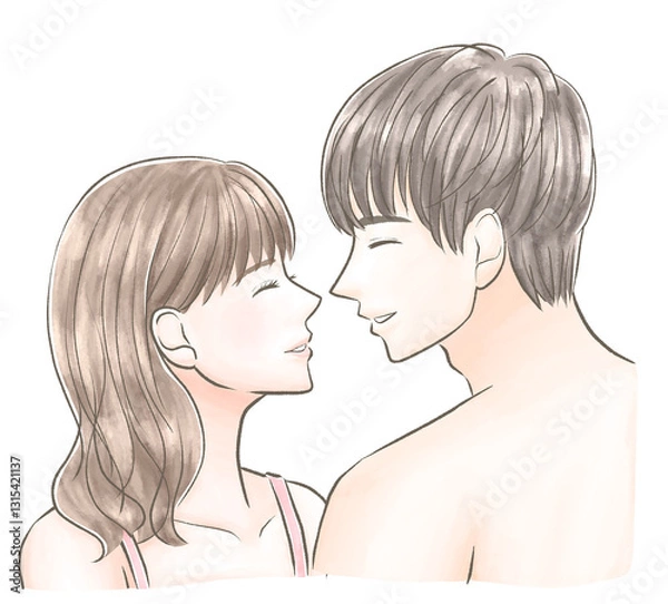Obraz 笑って向き合う下着の男女 水彩風