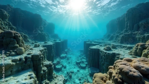 Obraz Underwater coral canyon with sunlight streaming through clear ocean water	