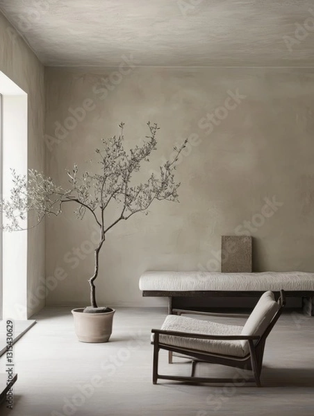 Fototapeta A minimal interior space featuring a small tree and chair