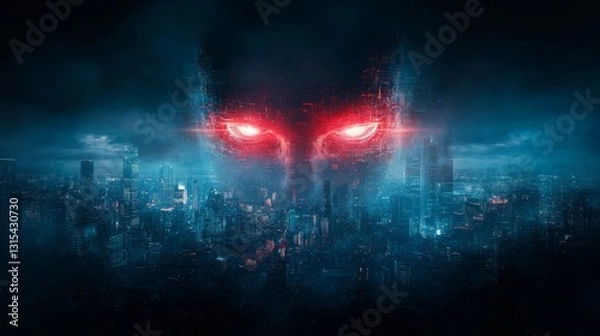Obraz A massive holographic AI face looms above a vibrant city, illuminated by glowing red eyes