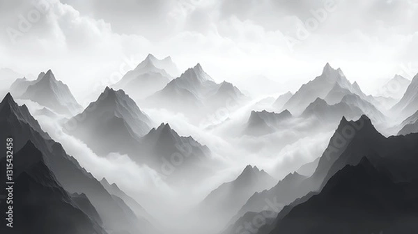 Fototapeta Monochromatic mountain range shrouded in mist.