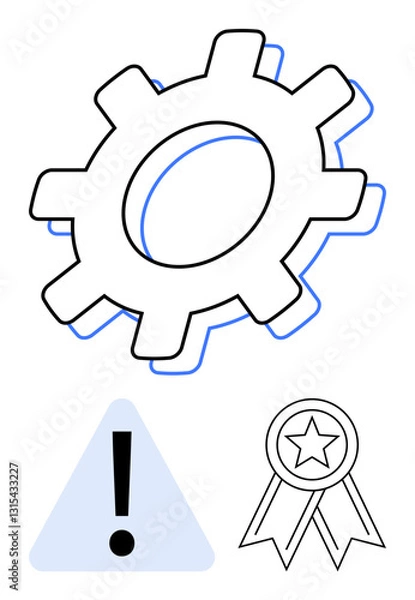 Obraz Gear cog, exclamation mark in warning triangle, and star badge icon representing system functionality, alerts, and excellence recognition. Ideal for technology, quality, alerts, warnings rewards