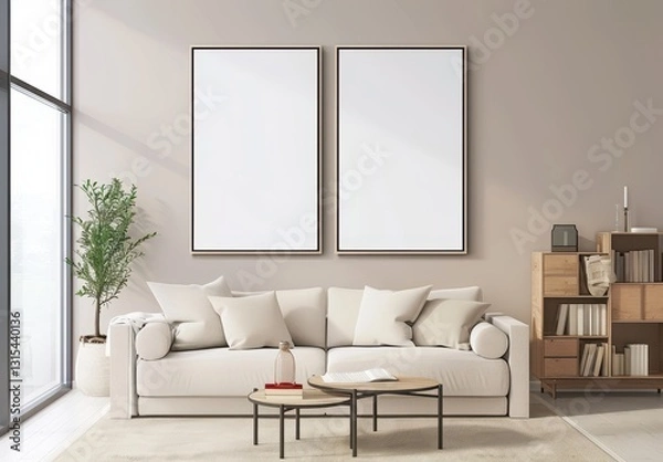 Fototapeta Minimalist living room with a white sofa. two empty frames. a coffee table. and a bookshelf