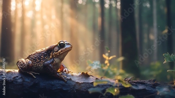 Obraz Sunrise illuminates a frog perched on a log in a misty forest.