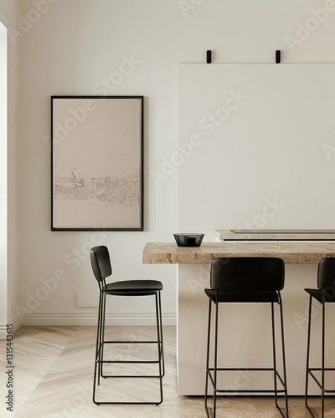 Fototapeta Minimalist kitchen interior with black bar stools. a wooden countertop. and a framed artwork