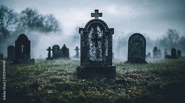 Fototapeta Foggy graveyard with old weathered gravestones and crosses.
