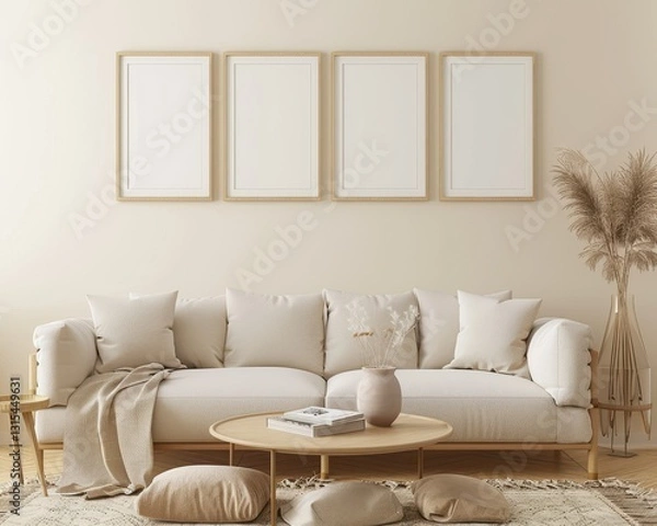 Fototapeta Minimalist living room with a white sofa. four empty frames on the wall. a coffee table and a vase with dried flowers