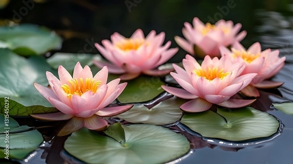 Fototapeta Four pink water lilies float on dark water, surrounded by lily pads.