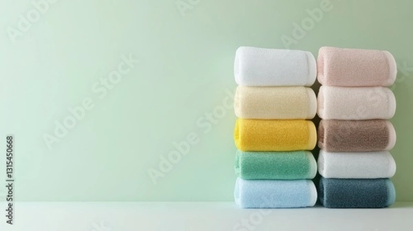 Obraz Stack of rolled pastel-colored towels against a light green background.