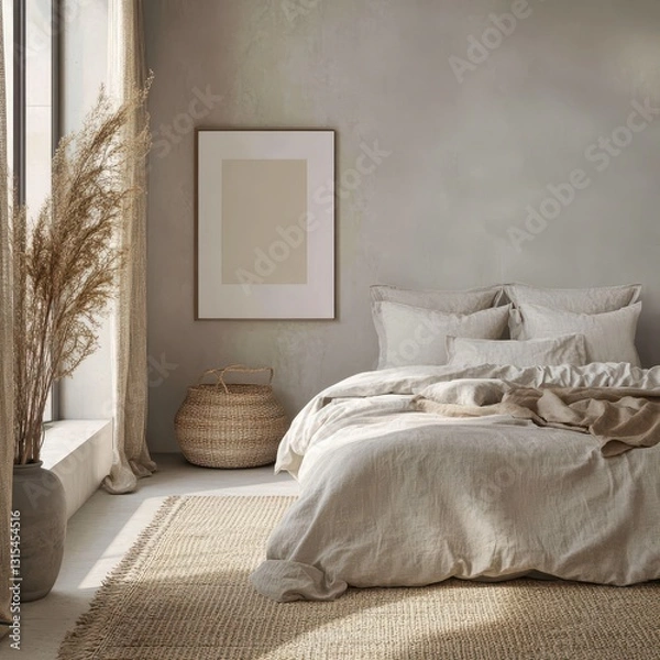 Obraz A cozy bedroom displaying interior decor featuring neutral earth tones