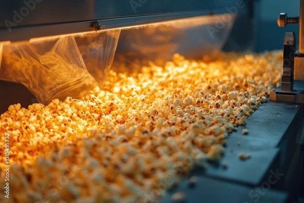 Fototapeta Popcorn Production: Golden Kernels Flowing on Conveyor Belt