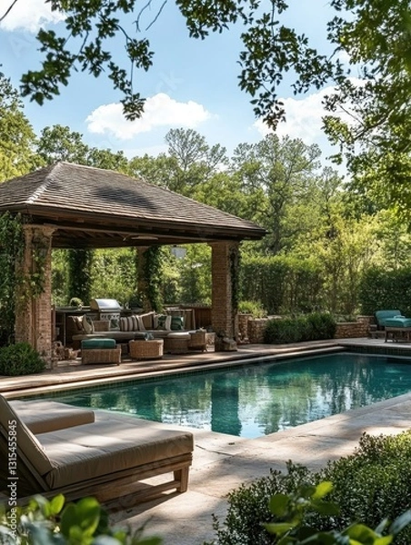 Fototapeta A Beautiful Outdoor Pool Area with a Covered Pavilion