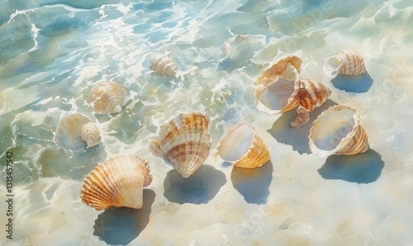 Fototapeta Softly glowing sea shells scattered on a serene ocean floor, watercolor, tropical