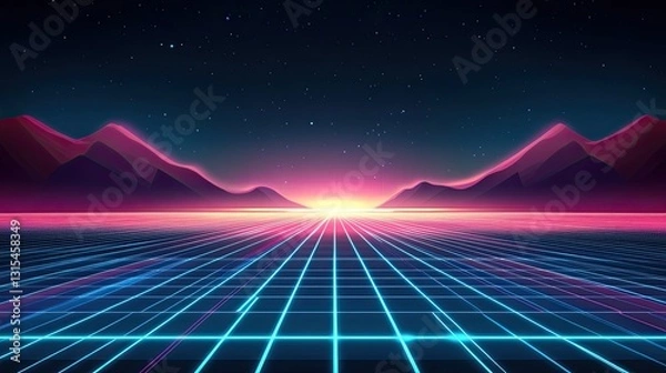 Obraz Retro landscape with grid floor facing sunset and mountains; synthwave style, nighttime, horizon