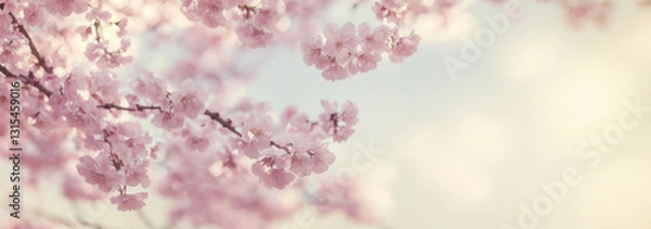 Fototapeta "Embrace the charm of spring. Under soft light, cherry blossoms bloom, their petals drifting in the breeze, creating a serene and dreamy scene."
