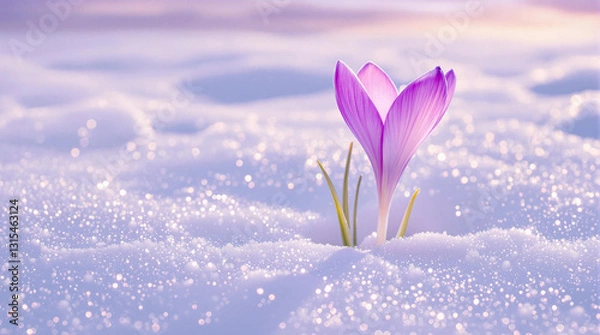 Obraz Purple crocus blooming in snow. AI image