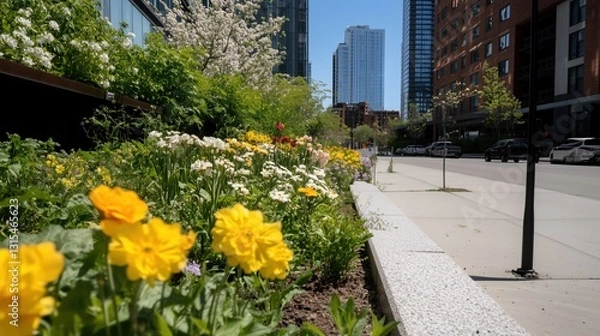 Fototapeta A street with a sidewalk and a row of yellow flowers. The street is lined with trees and buildings