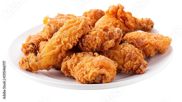 Obraz Crispy fried chicken wings piled on white plate with transparent background